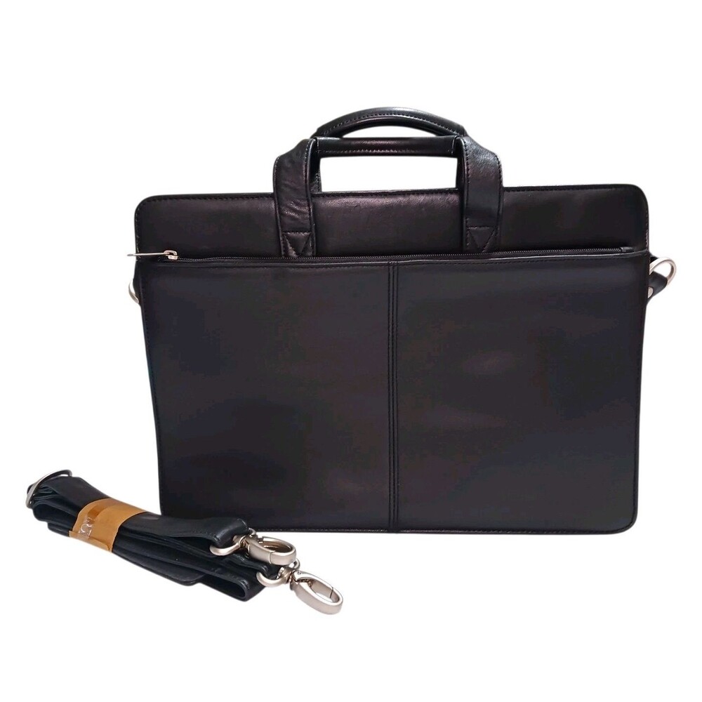 MARK PHILLIPS Black Leather Briefcase & Shoulder Strap Attache Messenger Bag Y2K - Picture 2 of 7